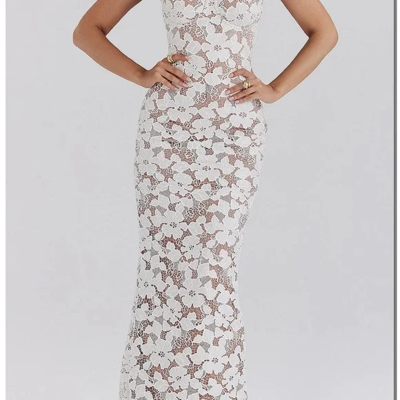 House of CB White Pearl Floral Lace Gown Maxi Dress - Picture 1 of 5